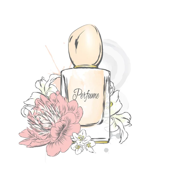 Frasco de perfume e flores. Ilustração vetorial . — Vetor de Stock