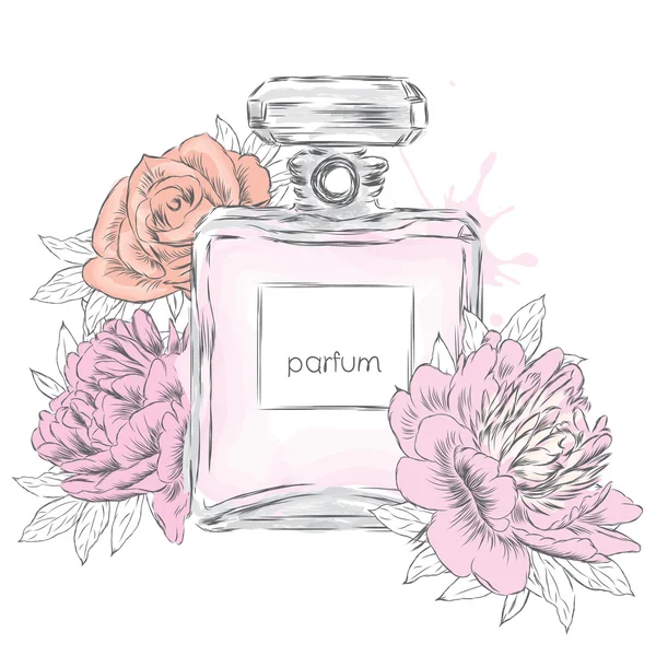 Flacon de parfum et fleurs. Vecteur  . — Image vectorielle