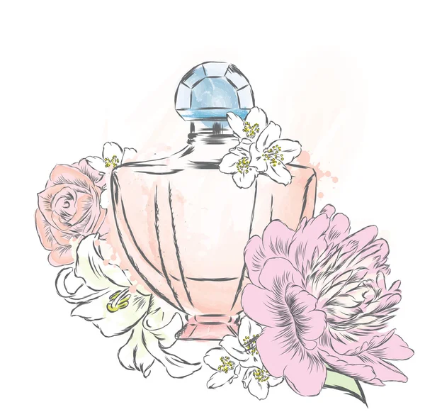 Botella de perfume y flores. Ilustración vectorial . — Vector de stock