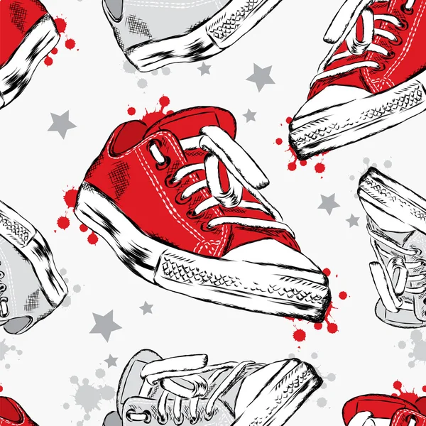 Fond sans couture avec des baskets, des taches et des étoiles. Illustration vectorielle pour carte de vœux, affiche ou impression sur vêtements. Mode & Style . — Image vectorielle