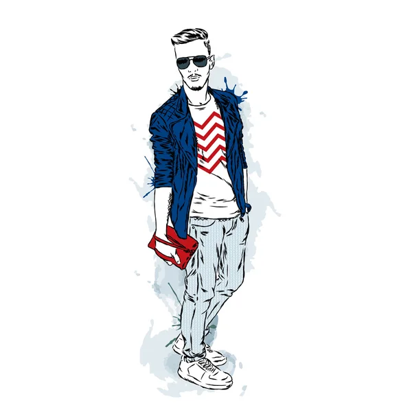 Schöner Kerl in stylischer Kleidung. Hipster. Vektorillustration. — Stockvektor