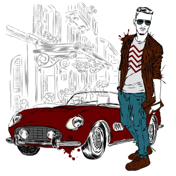 Un tipo guapo cerca del coche retro. Vector para una tarjeta o póster. Moda & Estilo . — Vector de stock