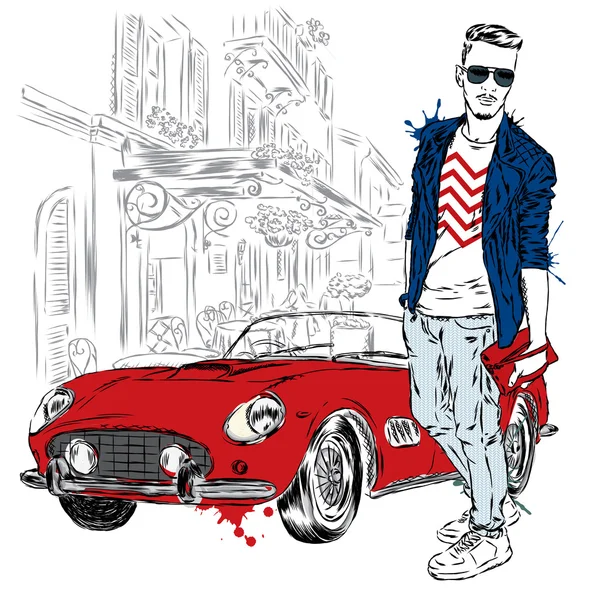 Handsome guy near the retro car. Vector  for a card or poster. Fashion & Style. — Stock Vector