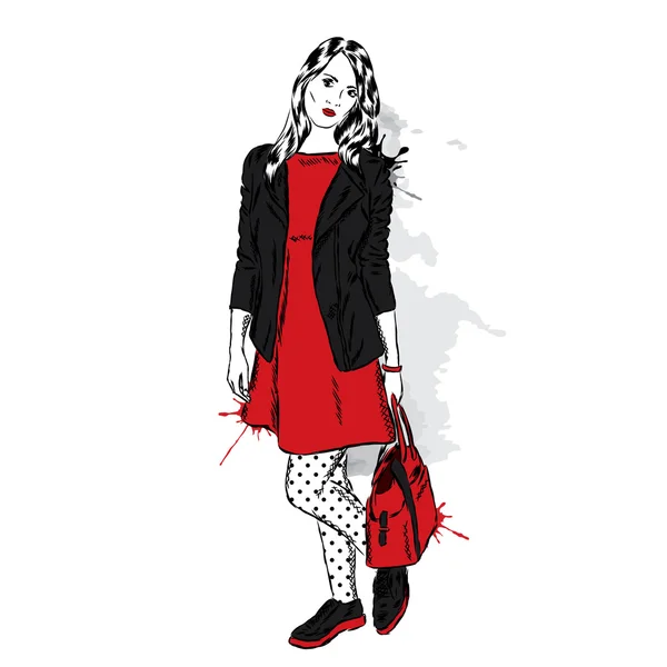 Mooi meisje in modieuze kleding. Vectorillustratie. Fashion & stijl. — Stockvector