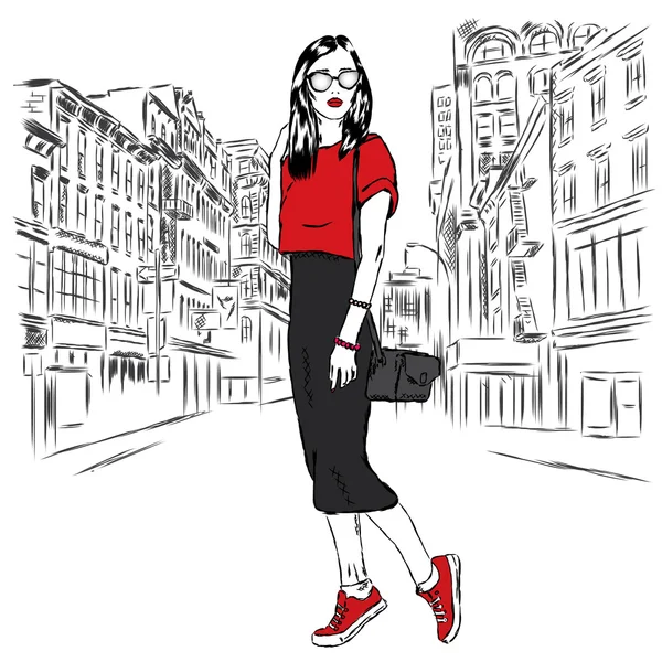 Fashionably dressed girl on the background of a city street. Vector illustration for greeting card, poster, or print on clothes. Fashion & Style. Beautiful girl. — Stock Vector