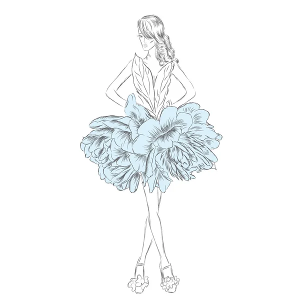 Το κορίτσι σε ένα όμορφο φόρεμα λουλούδια. Vector εικονογράφηση για μια κάρτα ή αφίσα. Το στυλ της μόδας &. — Διανυσματικό Αρχείο