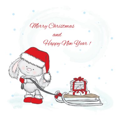 Sevimli tavşan hediyeler kızak üzerinde taşır. Noel kartı ile bir tavşan. Vektör çizim.