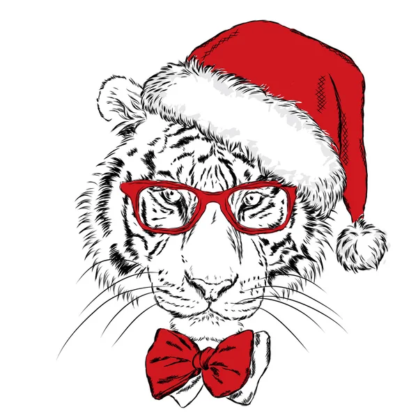 Kaplan Noel şapka ve güneş gözlüğü. Bir kartpostal veya poster yazdırın. Vektör çizim. Tatil kartı. Yeni yıl ve Noel. Noel Baba.