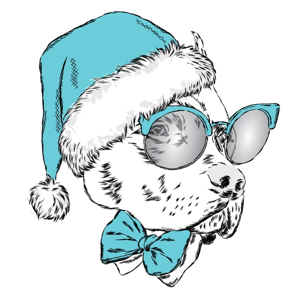 Bulldog Noel şapka ve güneş gözlüğü. Bir kartpostal veya poster yazdırın. Vektör çizim. Tatil kartı. Yeni yıl ve Noel. Noel Baba. Köpek. — Stok Vektör