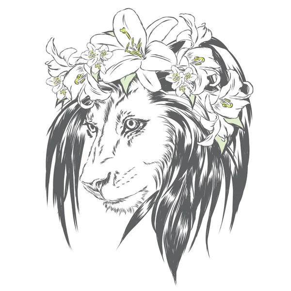 Schöner Löwe mit einer Krone aus Blumen. König der Tiere. Vektor-Illustration für Grußkarte, Poster oder Druck auf Kleidung. — Stockvektor