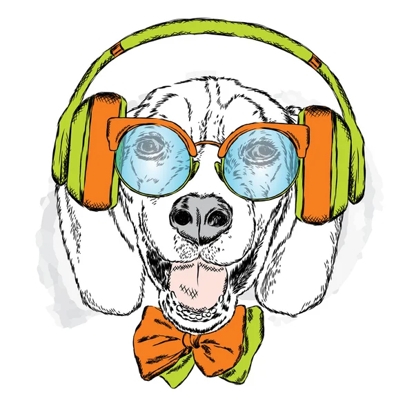 Divertido perro con auriculares, gafas de sol y corbata. Ilustración vectorial para tarjeta de felicitación, póster o impresión en la ropa. Perro gracioso . — Vector de stock