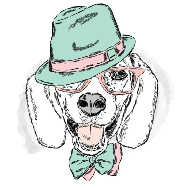 Cão engraçado com chapéu e óculos. Ilustração vetorial para cartões, cartazes ou estampas em roupas. Cão engraçado . — Vetor de Stock