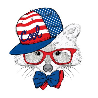 Rakun şapkası ve bir kravat. Hippi. Vektör çizim için tebrik kartı, poster, baskı, ya da giyim üzerine.