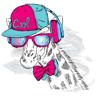 Zürafa bir kap ve kulaklık. Hippi. Vektör çizim.