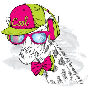 Zürafa bir kap ve kulaklık. Hippi. Vektör çizim.