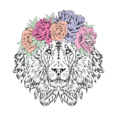 Çiçeklerin taç giyen aslan. Vektör çizim.