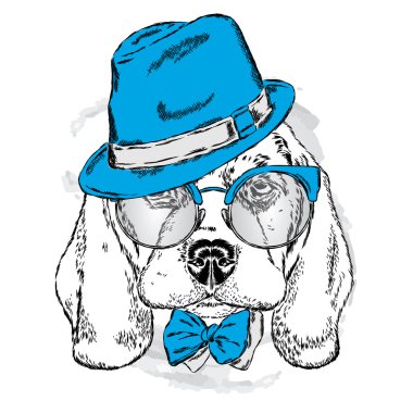 Şirin köpek yavrusu bir şapka, güneş gözlüğü ve bir kravat takıyor. Vektör çizim. bir köpek portresi.