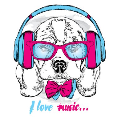 Sevimli köpek kulaklıklar, gözlük ve kravat. Vektör çizim.