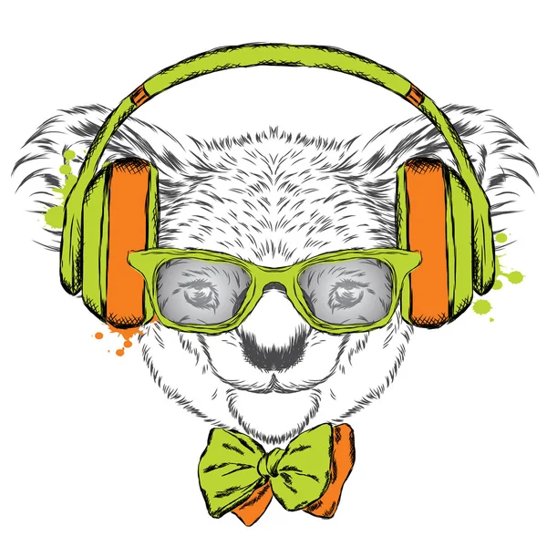 Söt koala på hörlurarna. Hipster. Musik. Vektor illustration för gratulationskort, affisch eller tryck på kläder. — Stock vektor