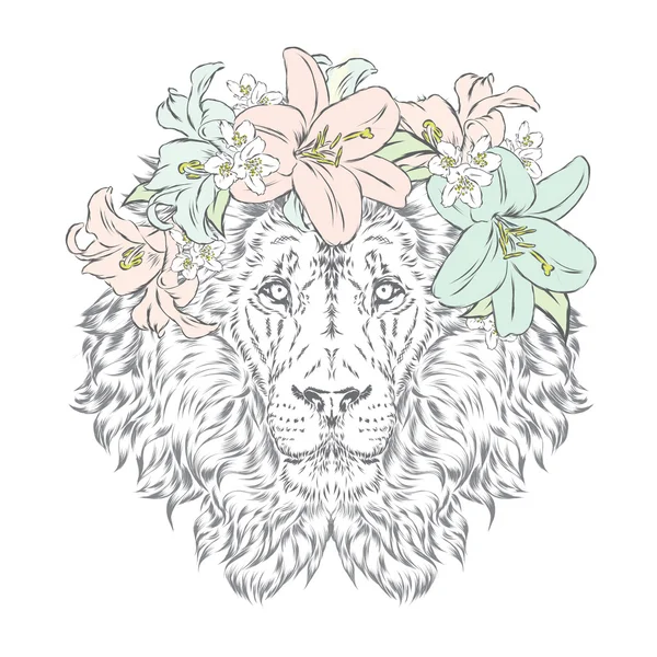 Лев у вінку з квітами. Векторні ілюстрації . — стоковий вектор