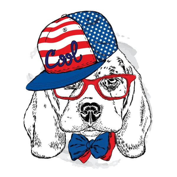 Söt valp klädd i mössa, solglasögon och slips. Vektor illustration. Porträtt av en hund för vykort, tryck på kläder eller accessoarer . — Stock vektor
