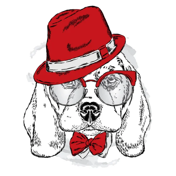 Cucciolo carino con cappello, occhiali da sole e cravatta. Illustrazione vettoriale. ritratto di un cane . — Vettoriale Stock