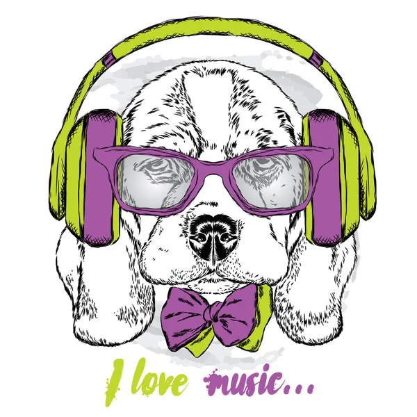 Lindo cachorro en auriculares, gafas y corbata. Ilustración vectorial . — Vector de stock