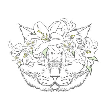 Çiçek çelenk içinde komik kedi. Vektör çizim tebrik kartı, poster ya da giyim üzerine baskı için.