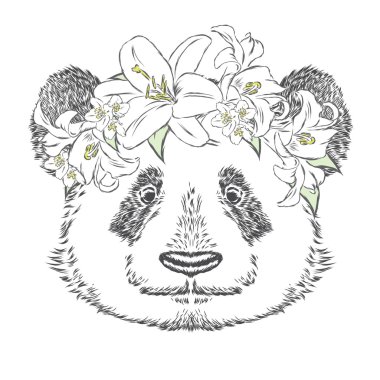 Panda bir çiçek çelenk içinde. Vektör çizim.