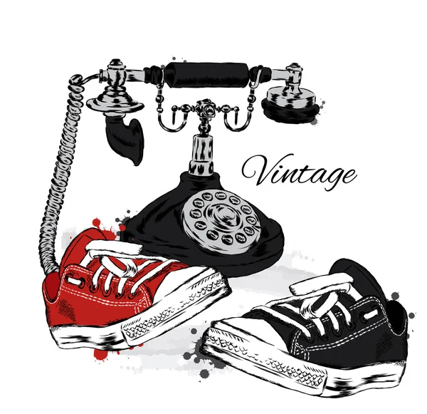 Vintage phone with sneakers. Vector illustration. — Stock Vector