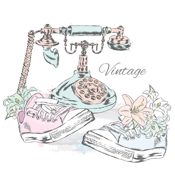 Téléphone vintage avec baskets. Illustration vectorielle . — Image vectorielle