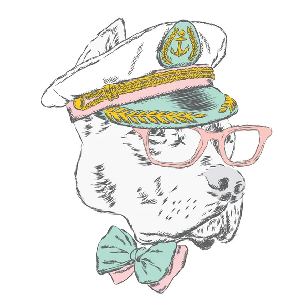 Pitbull v kapitánově čepici. Funny pes. Vektorové ilustrace. — Stockový vektor