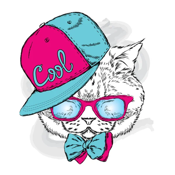 Funny cat in a cap and glasses. Vector illustration. — Stock Vector