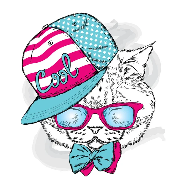 Lustige Katze mit Mütze und Brille. Vektorillustration. — Stockvektor