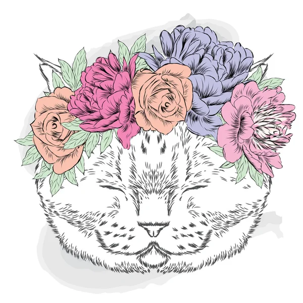 Gatinho bonito em uma grinalda de flor. Ilustração vetorial . — Vetor de Stock