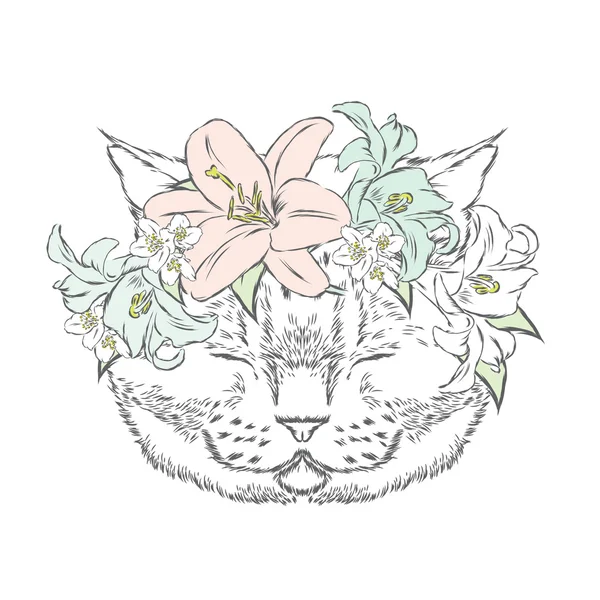 Lustige Katze im Blumenkranz. Vektor-Illustration für Grußkarte, Poster oder Druck auf Kleidung. — Stockvektor