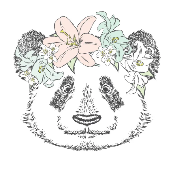 Panda w Wieniec kwiatów. Ilustracja wektorowa. — Wektor stockowy