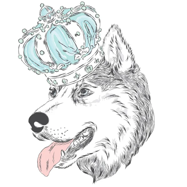 王冠のハスキー。ベクトルの図。かわいい犬. — ストックベクタ