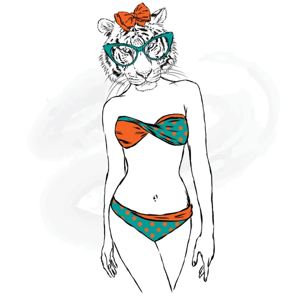 La tigresa con el cuerpo humano en traje de baño. La chica con un hermoso cuerpo. Ilustración vectorial . — Vector de stock