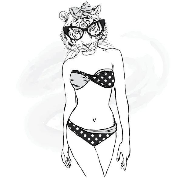 La tigresa con el cuerpo humano en traje de baño. La chica con un hermoso cuerpo. Ilustración vectorial . — Vector de stock