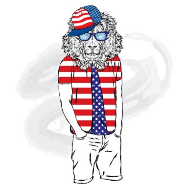 Aslan hippi yaz giysileri. İnsan vücudu ile leo. Moda ve stil. Vektör çizim için tebrik kartı, poster ya da parmak izi giyim ve aksesuarları.