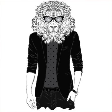 Bir ceket ve güneş gözlüğü Leo hipster . Vektör illüstrasyon. Kapaktaki baskı, giysi veya kart .