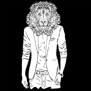 Bir ceket ve güneş gözlüğü Leo hipster . Vektör illüstrasyon. Kapaktaki baskı, giysi veya kart .