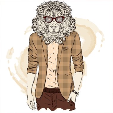 Bir ceket ve güneş gözlüğü Leo hipster . Vektör illüstrasyon. Kapaktaki baskı, giysi veya kart .