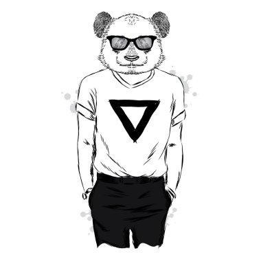Panda bir ceket ve güneş gözlüğü. Vektör çizim. Hayvan moda giysiler içinde. Yazdırma için kartpostallar, posterler, giyim ve aksesuarları