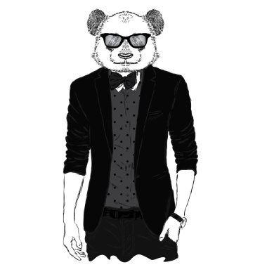 Panda bir ceket ve güneş gözlüğü. Vektör çizim. Hayvan moda giysiler içinde. Yazdırma için kartpostallar, posterler, giyim ve aksesuarları