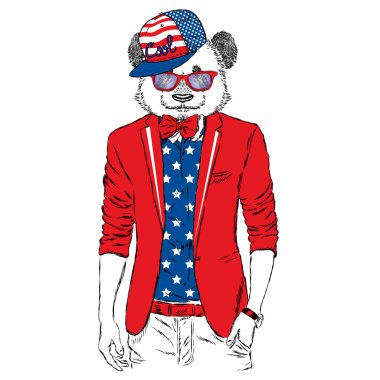 Panda bir ceket ve güneş gözlüğü. Vektör çizim. Hayvan moda giysiler içinde. Yazdırma için kartpostallar, posterler, giyim ve aksesuarları