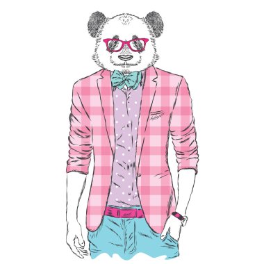 Panda bir ceket ve güneş gözlüğü. Vektör çizim. Hayvan moda giysiler içinde. Yazdırma için kartpostallar, posterler, giyim ve aksesuarları