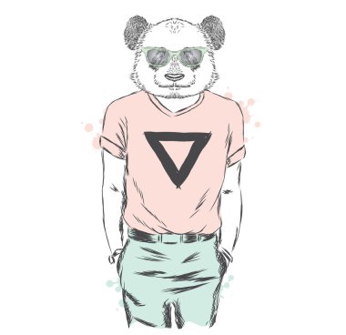 Panda bir ceket ve güneş gözlüğü. Vektör çizim. Hayvan moda giysiler içinde. Yazdırma için kartpostallar, posterler, giyim ve aksesuarları