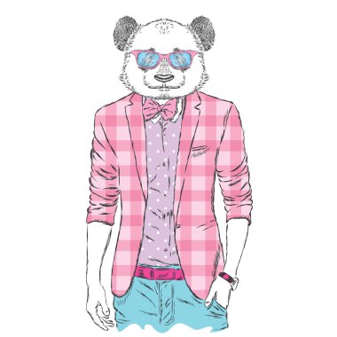Panda bir ceket ve güneş gözlüğü. Vektör çizim. Hayvan moda giysiler içinde. Yazdırma için kartpostallar, posterler, giyim ve aksesuarları